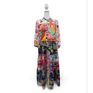 Johnny Was Regia Dress Tiered 100% Silk Boho Midi Floral Paisley Patchwork Small